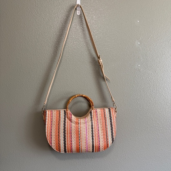JustFab Wicker Circle Bag with Cane Handle and Boho Colors - Picture 1 of 9